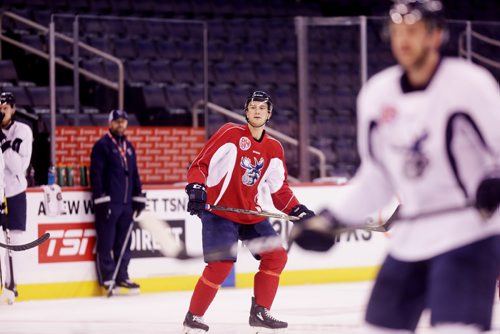 MIKAELA MACKENZIE / WINNIPEG FREE PRESS
Defenceman Peter Stoykewych at the pre-game skate at Bell MTS Place in Winnipeg on Tuesday, April 2, 2019.  For Taylor Allen story.
Winnipeg Free Press 2019.