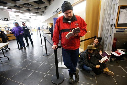 JOHN WOODS / WINNIPEG FREE PRESS
Jason takes part in a sit-in protest at Millennium Library in Winnipeg Tuesday, April 2, 2019. About two hundred people gathered to protest the use of security checks to enter the library.