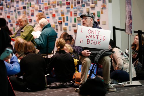 JOHN WOODS / WINNIPEG FREE PRESS
Russ Haggerty takes part in a sit-in protest at Millennium Library in Winnipeg Tuesday, April 2, 2019. About two hundred people gathered to protest the use of security checks to enter the library.