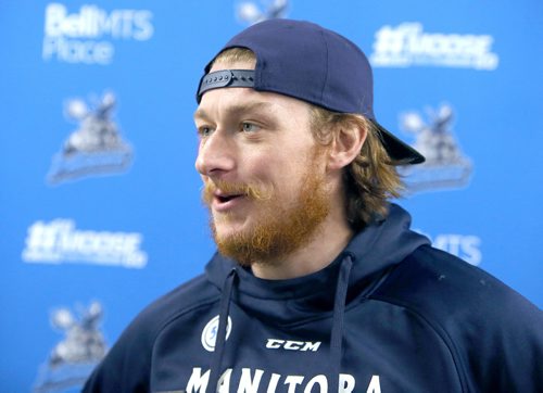 JASON HALSTEAD / WINNIPEG FREE PRESS

Manitoba Moose RW Ryan White speaks to the Free Press on April 3, 2019. (See Allen story)