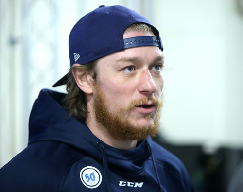 JASON HALSTEAD / WINNIPEG FREE PRESS

Manitoba Moose RW Ryan White speaks to the Free Press on April 3, 2019. (See Allen story)