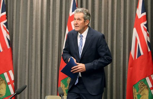 JASON HALSTEAD / WINNIPEG FREE PRESS

Premier Brian Pallister arrives to speak to media at the Legislature on April 3, 2019, about the provincial government's plan to launch a legal challenge of the federal governments carbon tax. (See Botelho-Urbanski story)