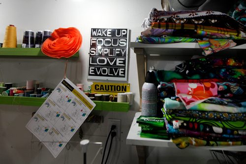 PHIL HOSSACK / WINNIPEG FREE PRESS - INTERSECTION - racks of material and other supplies frame some wise words Laura Everett's West End home and studio. See Dave Sanderson's story.  - March 30, 2019.