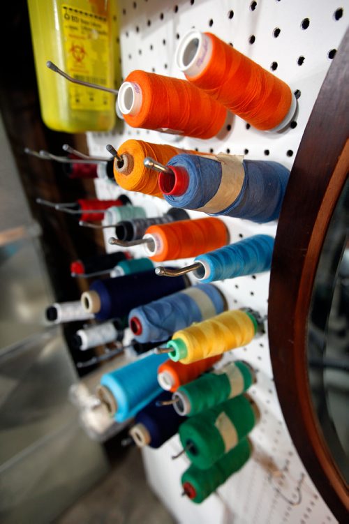 PHIL HOSSACK / WINNIPEG FREE PRESS - INTERSECTION - Bobbins of thread to sew underwear by Underthere hangs from the rafters of Laura Everett's West End home and studio. See Dave Sanderson's story.  - March 30, 2019.