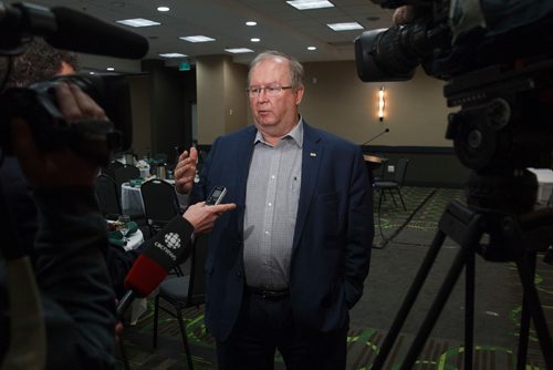 MIKE DEAL / WINNIPEG FREE PRESS
Chris Lorenc president of the Manitoba Heavy Construction Association talks to the media after Mayor Brian Bowman addressed more than 100 attendees at the Manitoba Heavy Construction Associations Breakfast with the Leaders event at the Holiday Inn at 1740 Ellice Avenue Thursday morning. 
190404 - Thursday, April 04, 2019.