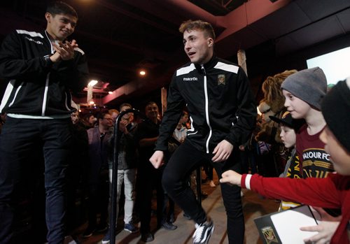 PHIL HOSSACK / WINNIPEG FREE PRESS - Calum Ferguson of the Manitoba Valour FC club takes the stage during the team's unveiling of their 'kit' Thursday. See story.- April 4, 2019.