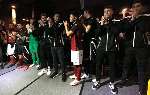 PHIL HOSSACK / WINNIPEG FREE PRESS - Members of the Manitoba Valour FC club applaud after unveiling their kit during a live telecast from Winnipeg Thursday. See story.- April 4, 2019.