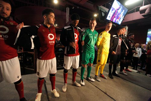 PHIL HOSSACK / WINNIPEG FREE PRESS - Members of the Manitoba Valour FC model their 'kit' on the stage during the team's unveiling of their 'kit' Thursday. See story.- April 4, 2019.