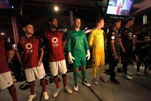 PHIL HOSSACK / WINNIPEG FREE PRESS - Members of the Manitoba Valour FC model their 'kit' on the stage during the team's unveiling of their 'kit' Thursday. See story.- April 4, 2019.