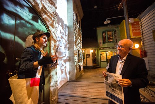 MIKAELA MACKENZIE / WINNIPEG FREE PRESS
Newsie Kaitlin Aiello interacts with a gala attendee at the Manitoba Museum Tribute Gala honouring the Winnipeg Free Press in Winnipeg on Thursday, April 4, 2019.  For Jason Bell story.
Winnipeg Free Press 2019.