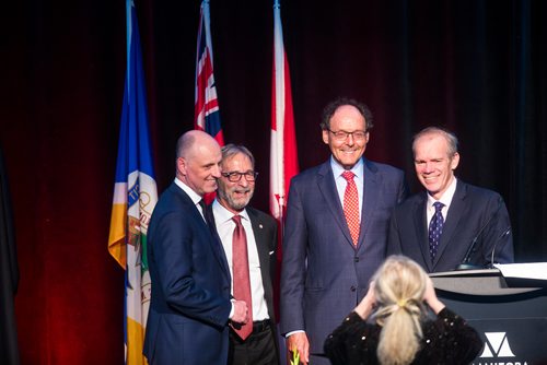 MIKAELA MACKENZIE / WINNIPEG FREE PRESS
Editor Paul Samyn (left), co-owner Bob Silver, co-owner Ron Stern, and publisher Bob Cox pose for a picture at the Manitoba Museum Tribute Gala honouring the Winnipeg Free Press in Winnipeg on Thursday, April 4, 2019.  For Jason Bell story.
Winnipeg Free Press 2019.