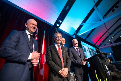 MIKAELA MACKENZIE / WINNIPEG FREE PRESS
Editor Paul Samyn (left), co-owner Bob Silver, co-owner Ron Stern, and publisher Bob Cox pose for a picture at the Manitoba Museum Tribute Gala honouring the Winnipeg Free Press in Winnipeg on Thursday, April 4, 2019. For Jason Bell story.
Winnipeg Free Press 2019.