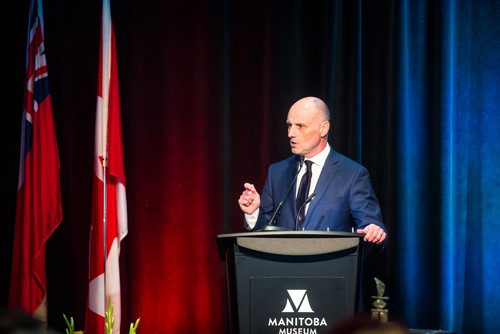 MIKAELA MACKENZIE / WINNIPEG FREE PRESS
Free Press editor Paul Samyn speaks at the Manitoba Museum Tribute Gala honouring the Winnipeg Free Press in Winnipeg on Thursday, April 4, 2019.  For Jason Bell story.
Winnipeg Free Press 2019.