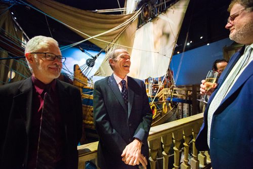 MIKAELA MACKENZIE / WINNIPEG FREE PRESS
Publisher Bob Cox (centre) laughs with faith reporter John Longhurst (left) and columnist Doug Speirs at the Manitoba Museum Tribute Gala honouring the Winnipeg Free Press in Winnipeg on Thursday, April 4, 2019.  For Jason Bell story.
Winnipeg Free Press 2019.