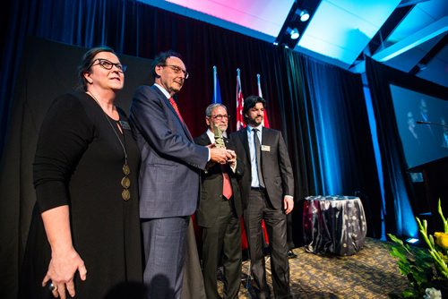 MIKAELA MACKENZIE / WINNIPEG FREE PRESS
Manitoba Museum executive director and CEO Claudette Leclerc (left), co-owners Ron Stern and Bob Silver, and chair of the board of governors James Cohen pose for a photo at the Manitoba Museum Tribute Gala honouring the Winnipeg Free Press in Winnipeg on Thursday, April 4, 2019.  For Jason Bell story.
Winnipeg Free Press 2019.