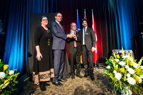 MIKAELA MACKENZIE / WINNIPEG FREE PRESS
Manitoba Museum executive director and CEO Claudette Leclerc (left), co-owners Ron Stern and Bob Silver, and chair of the board of governors James Cohen pose for a photo at the Manitoba Museum Tribute Gala honouring the Winnipeg Free Press in Winnipeg on Thursday, April 4, 2019.  For Jason Bell story.
Winnipeg Free Press 2019.