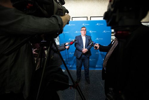 MIKAELA MACKENZIE / WINNIPEG FREE PRESS
Chief corporate services officer Michael Jack speaks to the media about alleged workplace misconduct in the planning, property and development department at City Hall in Winnipeg on Friday, April 5, 2019.  For Ryan Thorpe story.
Winnipeg Free Press 2019.