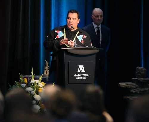 JASON HALSTEAD / WINNIPEG FREE PRESS

Winnipeg Free Press columnist Niigaan Sinclair offers the blessing at the Manitoba Museum's annual Tribute Gala, which honoured the Winnipeg Free Press, at Alloway Hall on April 4, 2019. (See Social Page)