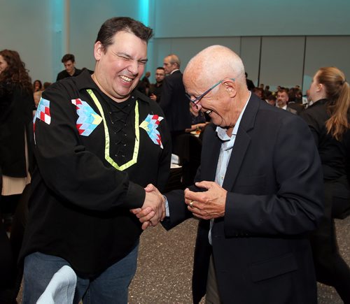 JASON HALSTEAD / WINNIPEG FREE PRESS

L-R: Winnipeg Free Press columnist Niigaan Sinclair has a laugh with Peter Siemens at the Manitoba Museum's annual Tribute Gala, which honoured the Winnipeg Free Press, at Alloway Hall on April 4, 2019. (See Social Page)