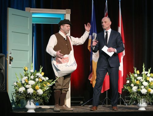JASON HALSTEAD / WINNIPEG FREE PRESS

L-R: Brian Baird (Winnipeg Free Press district manager, circulation) and Free Press editor-in-chief Paul Samyn take part in a skit at the Manitoba Museum's annual Tribute Gala, which honoured the Winnipeg Free Press, at Alloway Hall on April 4, 2019. (See Social Page)