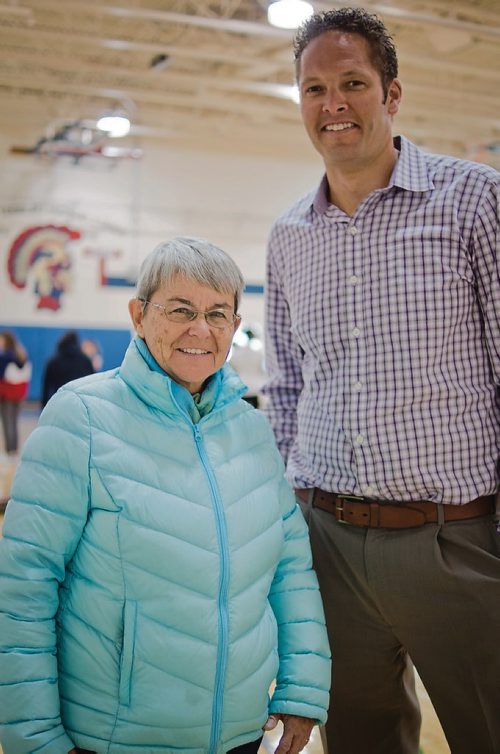 Canstar Community News April 3, 2019 - Loretta Humeniuk and Mike Weekes are pictured in the gymnasium at Shaftesbury High School. The school is celebrating its 50th anniversary this May. (DANIELLE DA SILVA/SOUWESTER/CANSTAR)
