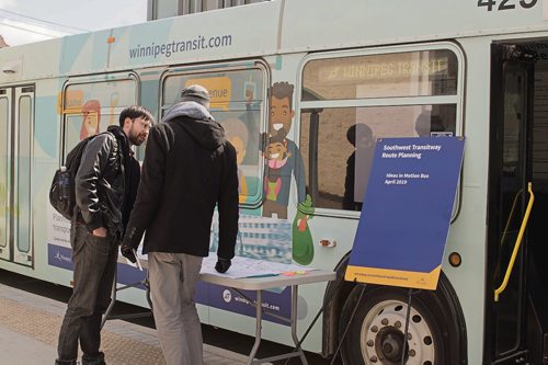 Canstar Community News April 3, 2019 - Winnipeg Transit held a popup community consultation at the University of Manitoba to collect feedback about the proposed BLUE line and feeder network for the southwest rapid transitway, set to open in spring 2020. (DANIELLE DA SILVA/SOUWESTER/CANSTAR)