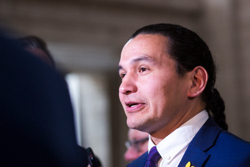 MIKAELA MACKENZIE / WINNIPEG FREE PRESS
Opposition leader Wab Kinew speaks to the media at the Manitoba Legislative Building in Winnipeg on Monday, April 8, 2019.
Winnipeg Free Press 2019.