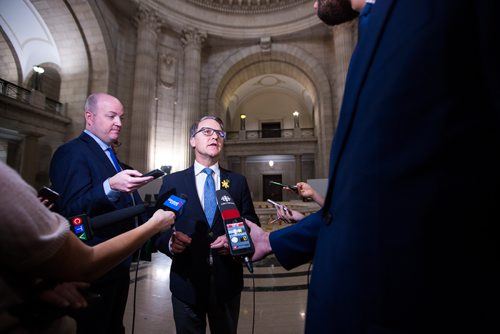 MIKAELA MACKENZIE / WINNIPEG FREE PRESS
Minister for health, seniors, and active living Cameron Friesen speaks with the media at the Manitoba Legislative Building in Winnipeg on Monday, April 8, 2019.
Winnipeg Free Press 2019.