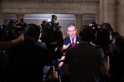 MIKAELA MACKENZIE / WINNIPEG FREE PRESS
Premier Brian Pallister speaks to the media at the Manitoba Legislative Building in Winnipeg on Monday, April 8, 2019.
Winnipeg Free Press 2019.