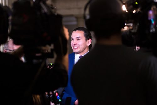 MIKAELA MACKENZIE / WINNIPEG FREE PRESS
Opposition leader Wab Kinew speaks to the media at the Manitoba Legislative Building in Winnipeg on Monday, April 8, 2019.
Winnipeg Free Press 2019.