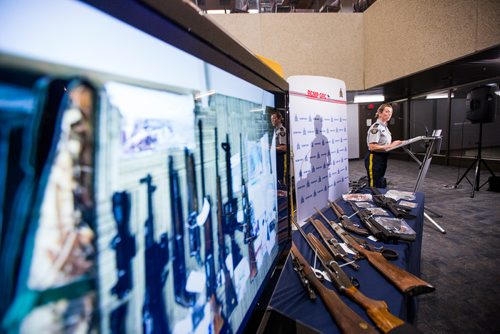 MIKAELA MACKENZIE / WINNIPEG FREE PRESS
Corporal Julie Courchaine speaks to the media about firearms and cash seized in Oakbank at the RCMP D Division Headquarters in Winnipeg on Monday, April 8, 2019.
Winnipeg Free Press 2019.