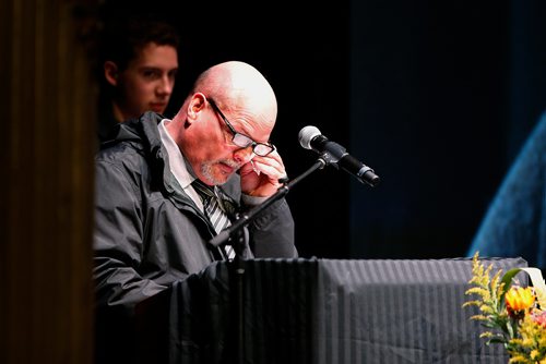 JOHN WOODS / WINNIPEG FREE PRESS
Kent Taylor, brother of Randy Taylor, wipes away a tear as he speaks at a Celebration of Life for the Winnipeg Free Press writer at the Burton Cummings Theatre in Winnipeg Monday, April 8, 2019.

Reporter: Alex
