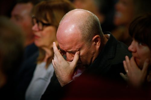 JOHN WOODS / WINNIPEG FREE PRESS
Ed Tait, a close friend and colleague of Randy Taylor, gets emotional at a Celebration of Life for the Winnipeg Free Press writer at the Burton Cummings Theatre in Winnipeg Monday, April 8, 2019.

Reporter: Alex