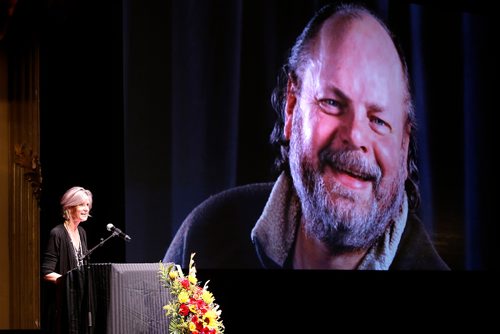 JOHN WOODS / WINNIPEG FREE PRESS
Maureen Fitzhenry, a friend of Randy Taylor, speaks at the Celebration of Life for the Winnipeg Free Press writer at the Burton Cummings Theatre in Winnipeg Monday, April 8, 2019.

Reporter: Alex