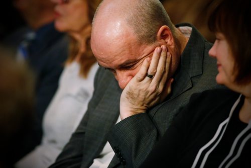 JOHN WOODS / WINNIPEG FREE PRESS
Ed Tait, a close friend and colleague of Randy Taylor, listens at a Celebration of Life for the Winnipeg Free Press writer at the Burton Cummings Theatre in Winnipeg Monday, April 8, 2019.

Reporter: Alex