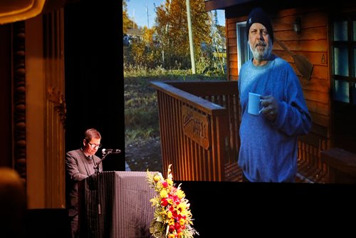 JOHN WOODS / WINNIPEG FREE PRESS
Brian Bowman, Mayor of Winnipeg, speaks at the Celebration of Life for the Winnipeg Free Press writer Randy Taylor in the Burton Cummings Theatre in Winnipeg Monday, April 8, 2019.

Reporter: Alex