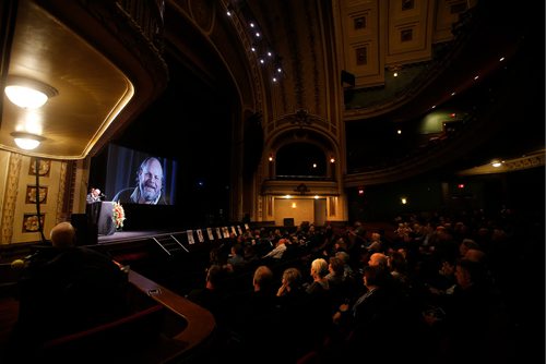 JOHN WOODS / WINNIPEG FREE PRESS
Kent Taylor, brother of Randy Taylor, speaks at a Celebration of Life for the Winnipeg Free Press writer at the Burton Cummings Theatre in Winnipeg Monday, April 8, 2019.

Reporter: Alex