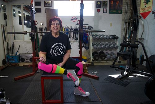 MIKE DEAL / WINNIPEG FREE PRESS
Susan Haywood a record-breaking 70-year-old power lifter works out in her home gym near Teulon, Manitoba.
190403 - Wednesday, April 03, 2019.