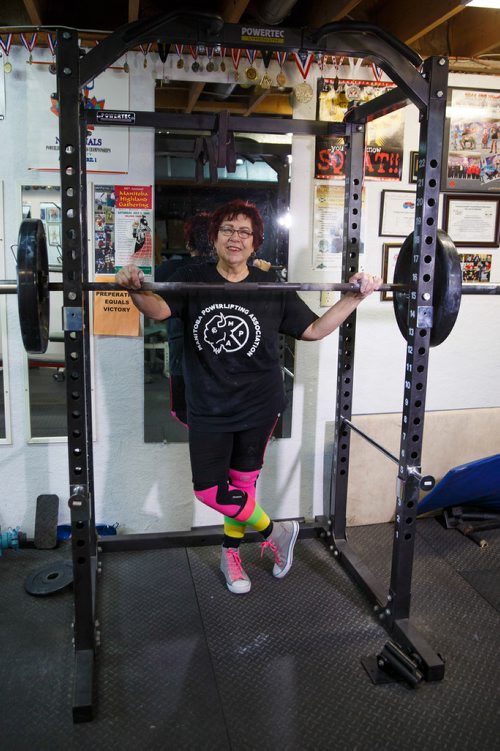 MIKE DEAL / WINNIPEG FREE PRESS
Susan Haywood a record-breaking 70-year-old power lifter works out in her home gym near Teulon, Manitoba.
190403 - Wednesday, April 03, 2019.