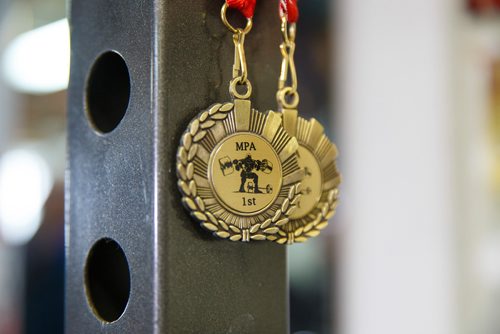 MIKE DEAL / WINNIPEG FREE PRESS
Some of the many medals and awards that can be found in Susan Haywood's home gym.
Susan Haywood a record-breaking 70-year-old power lifter works out in her home gym near Teulon, Manitoba.
190403 - Wednesday, April 03, 2019.