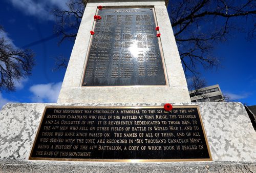RUTH BONNEVILLE / WINNIPEG FREE PRESS 

Photo of monument at Vimy Ridge Park for the 328 men of the 44th battalion Canadians who fell in the battles of Vim Ridge, The Triangle and La Culotte in 1917 during World War 1.

Taken in honour of Vimy Ridge Day which is an annual observance on April 9 to remember Canadians who victoriously fought in the battle of Vimy Ridge in northern France during the First World War. The day is also known as the National Day of Remembrance of the Battle of Vimy Ridge.

April 9, 2019