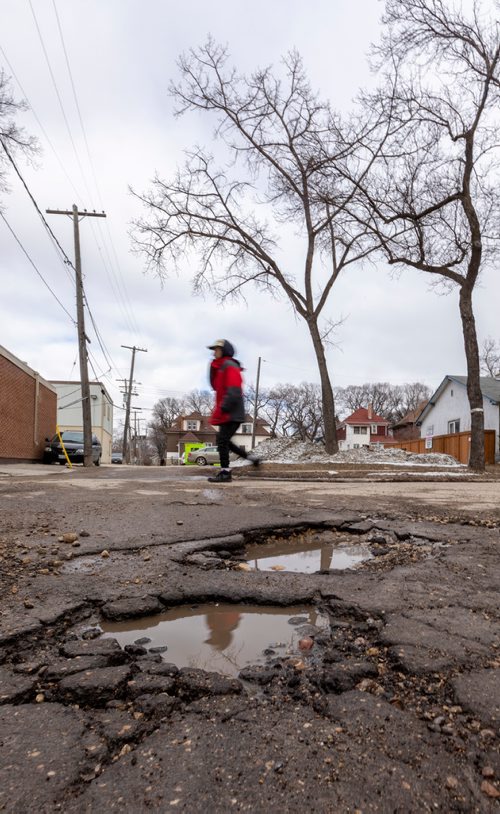 SASHA SEFTER / WINNIPEG FREE PRESS Two large potholes have formed on Lipton Street Just south of Portage Avenue in Winnipeg's West End.
190409 - Tuesday, April 09, 2019.