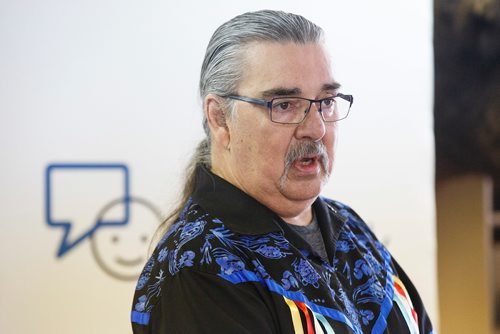 MIKE DEAL / WINNIPEG FREE PRESS
Elder Mike Calder, Director of Indigenous Services, Behavioural Health Foundation during the Bell Let's Talk announcement of a donation of $240,000 to the Behavioural Health Foundation to support Indigenous programming that helps adults and families affected by addictions and mental health issues during an event at the Behavioural Health Foundation in 35 De la Digue Avenue.
190410 - Wednesday, April 10, 2019.