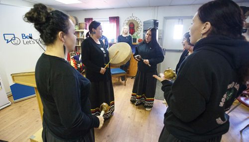 MIKE DEAL / WINNIPEG FREE PRESS
The BHF Women's Drum Group, The Soaring Eagle Singers, perform during an announcement  by Bell Let's Talk of a donation of $240,000 to the Behavioural Health Foundation to support Indigenous programming that helps adults and families affected by addictions and mental health issues during an event at the Behavioural Health Foundation in 35 De la Digue Avenue.
190410 - Wednesday, April 10, 2019.