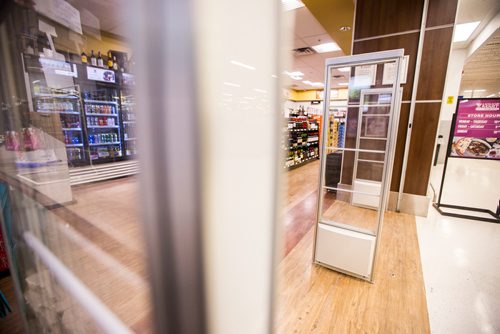 MIKAELA MACKENZIE / WINNIPEG FREE PRESS
Active alarm pedestals, an example of the new theft prevention measures, at the St. James Superstore Liquor Mart in Winnipeg on Wednesday, April 10, 2019. 
Winnipeg Free Press 2019.