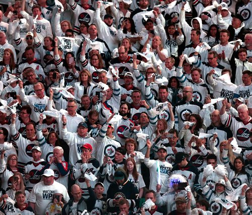 PHIL HOSSACK / WINNIPEG FREE PRESS -  Jets fans 'White Out at the Bell/MTS Centre as the First Round of the Western Conference Quarter Final opened Wednesday in Winnipeg. See story. - April 10, 2019.