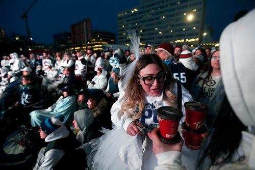 PHIL HOSSACK / WINNIPEG FREE PRESS - Warm coffee arrives to keep Winnipeg Jet Fans warm at the Whiteout Party. See story. - April 10, 2019.