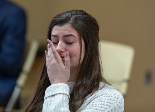 SASHA SEFTER / WINNIPEG FREE PRESS
Lillian Moore wipes a tear from her eye as she speaks to the public about her experience with childhood seizures and the life-saving treatment she received at the Winnipeg Childrens Hospital.
190411 - Thursday, April 11, 2019.