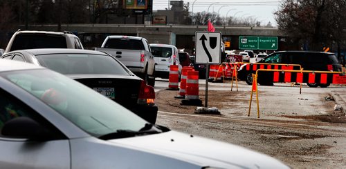 PHIL HOSSACK / WINNIPEG FREE PRESS - Construction and congestion under and around the Empress underpass/overpass. See story. - April 11, 2019.