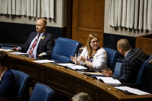 MIKE DEAL / WINNIPEG FREE PRESS
An empty seat amongst the provincial PC MLA's is where Nic Curry usually sits during question period in the Manitoba Legislative chamber Thursday afternoon. 
190411 - Thursday, April 11, 2019.